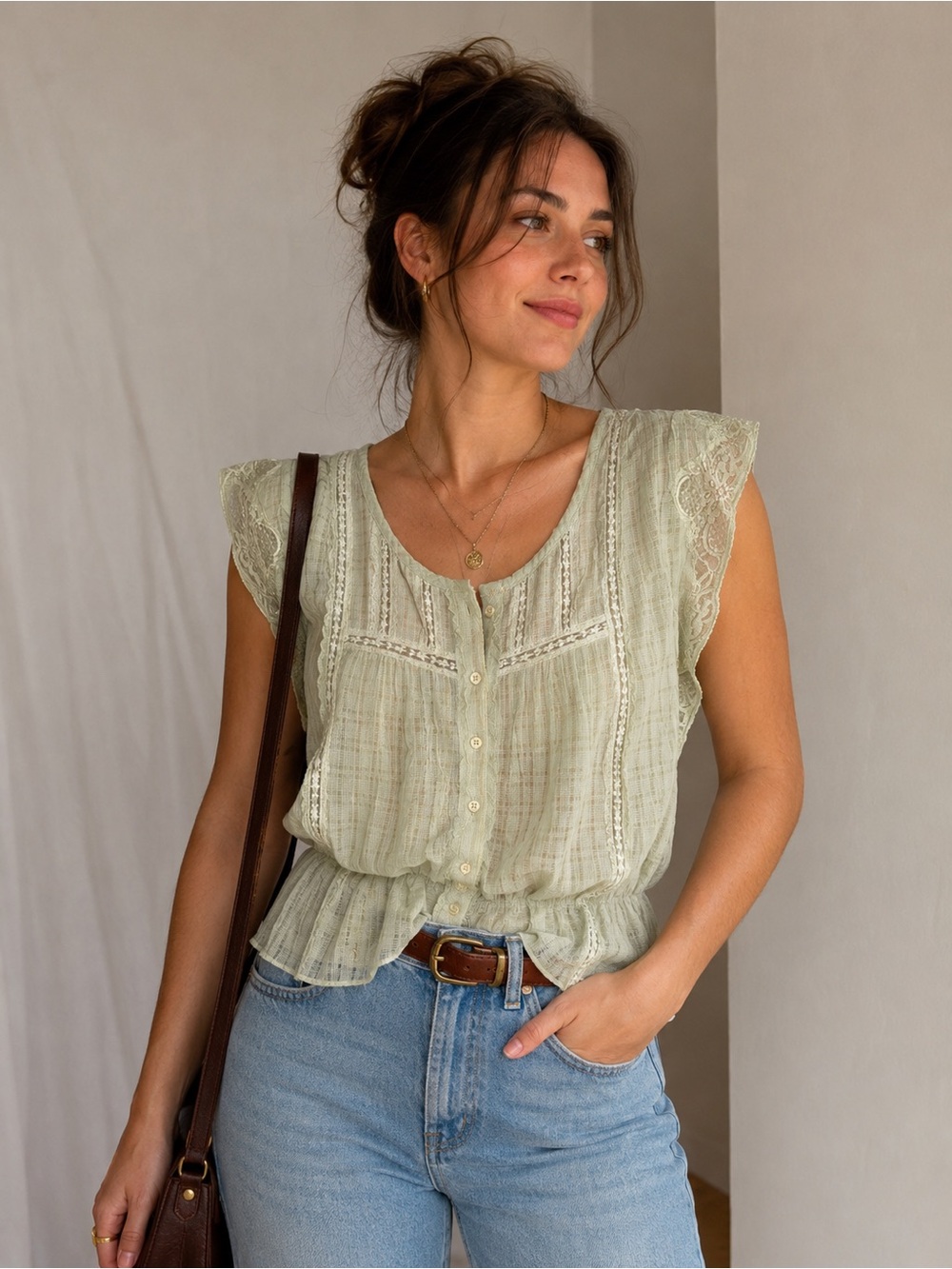 Free People Pale Green Lace-Trim Button Front Blouse